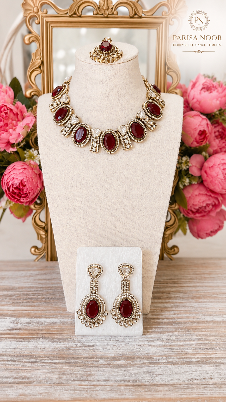 Rumena Garnet Polki Kundan Necklace Set