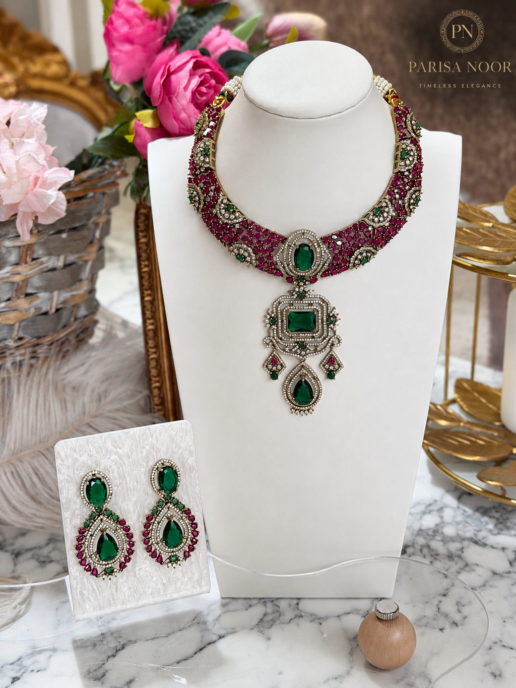 Fariha Premium Designer Victorian AD Moissanite Necklace Set