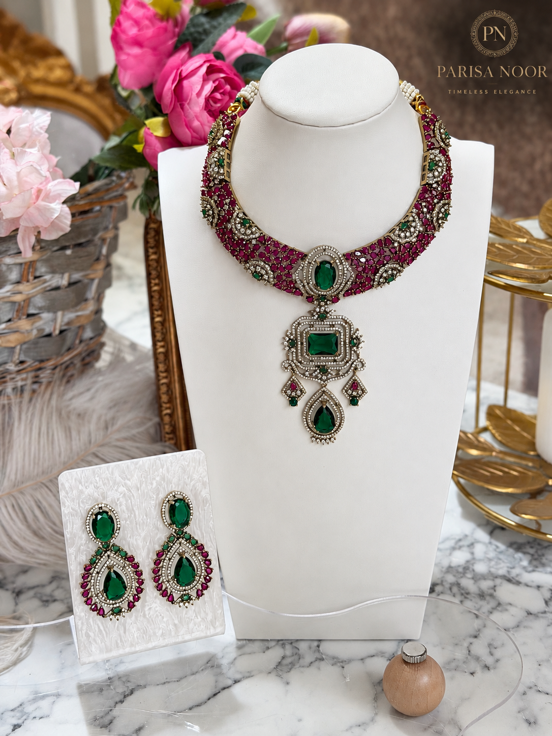 Fariha Premium Designer Victorian AD Moissanite Necklace Set