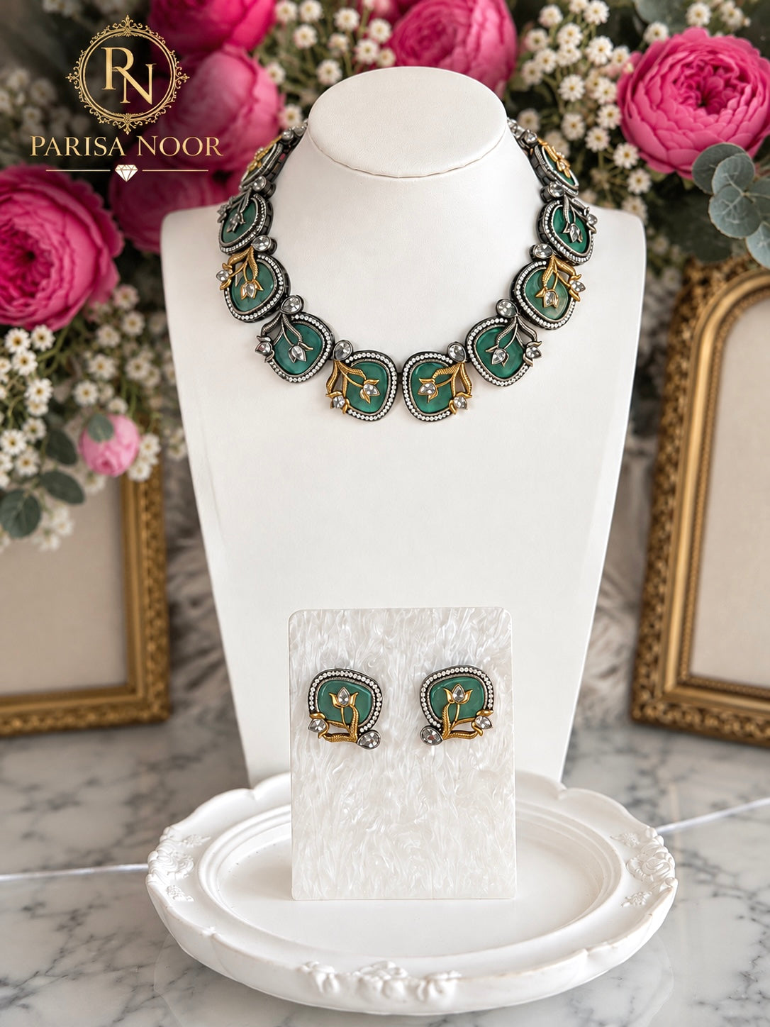 Zelvaya Teal Botanical Designer Necklace Set