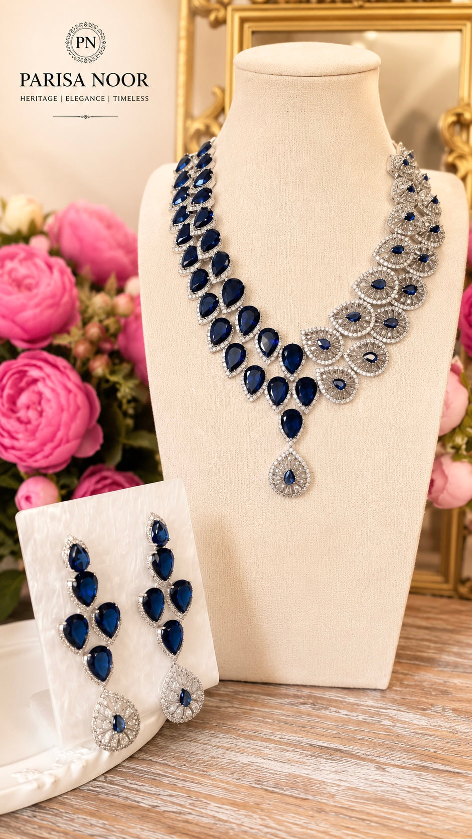 Azura Victorian Moissanite Necklace Set Midnight Blue