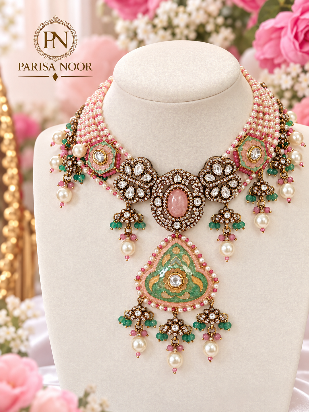 Mehrnaz Pastel Meenakari Luxury Pearl Kundan Necklace Set