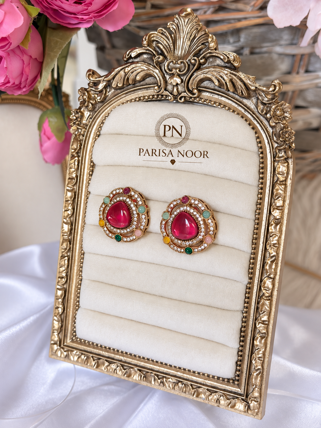 Ruhmeera Ruby Pink Multicolour Designer Stud Earrings