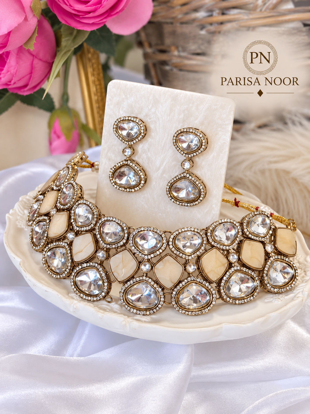 Avelina Ivory Pearl Polki Necklace Set – Clearance Sale