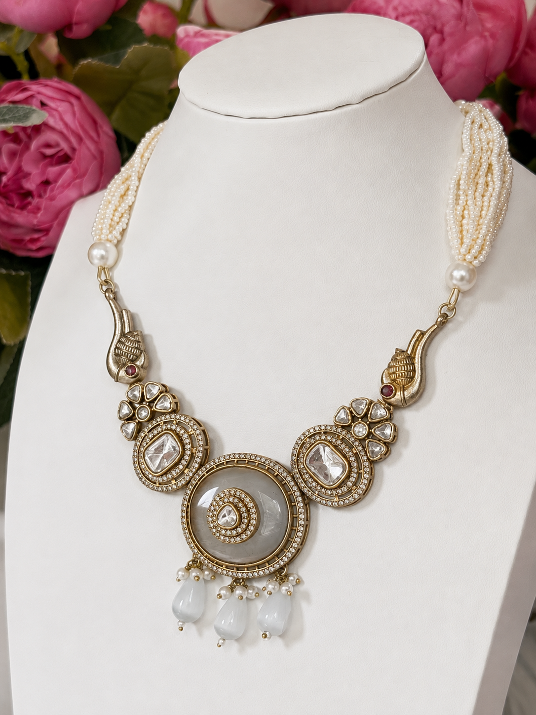 Avni Ivory Polki & Pearl Designer Semi Long Necklace Set