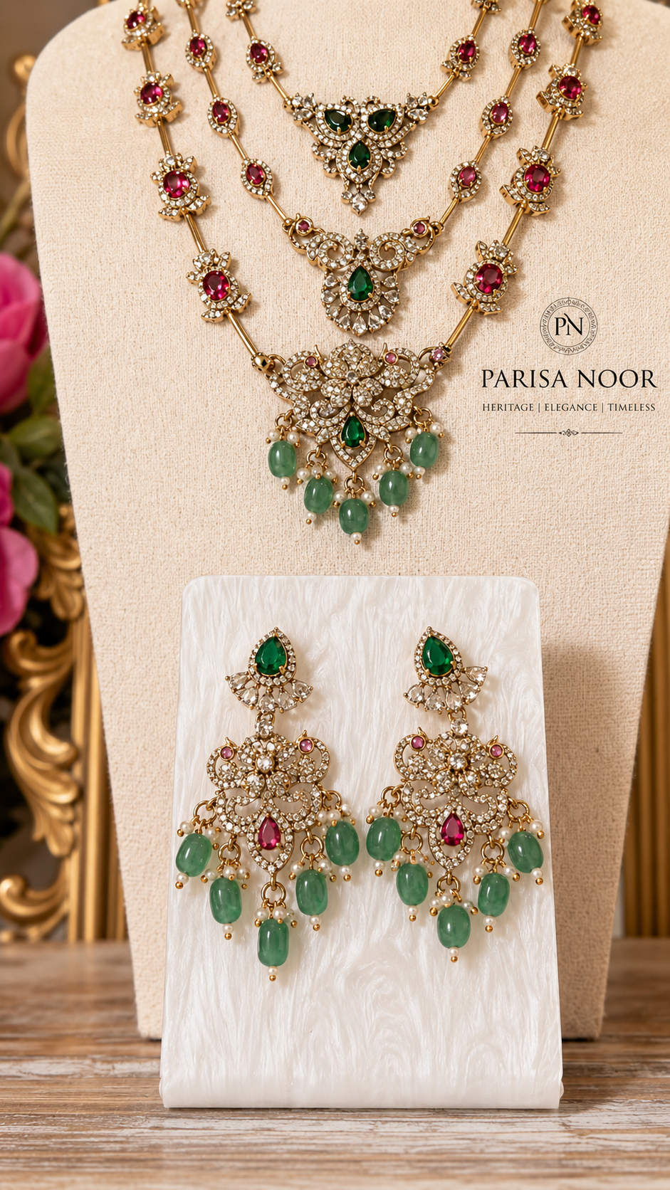 Qaynat Victorian Three Layer Semi Long Necklace Set