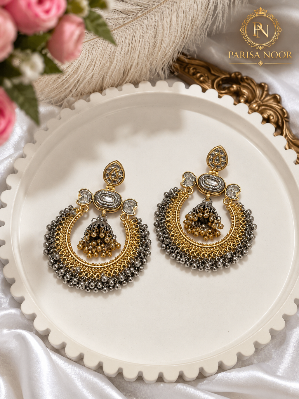 Helena Designer Chandbali Jhumka Brass Earrings