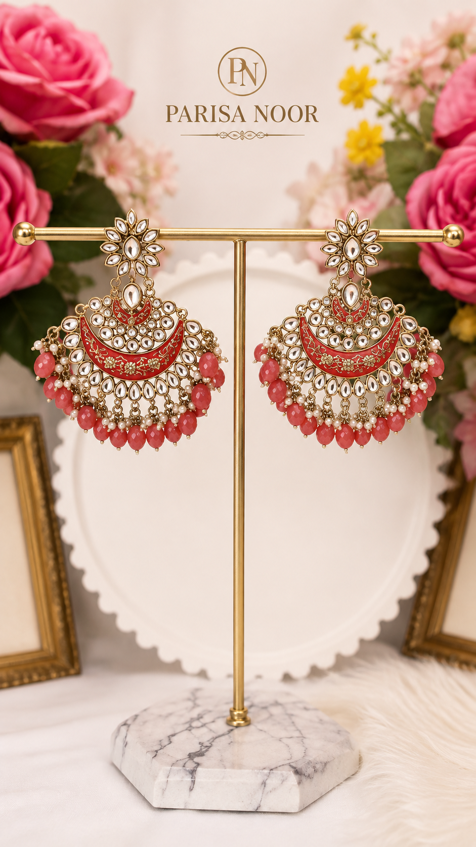 Rimjhim Kundan Meenakari Chandbali Earrings Coral Pink