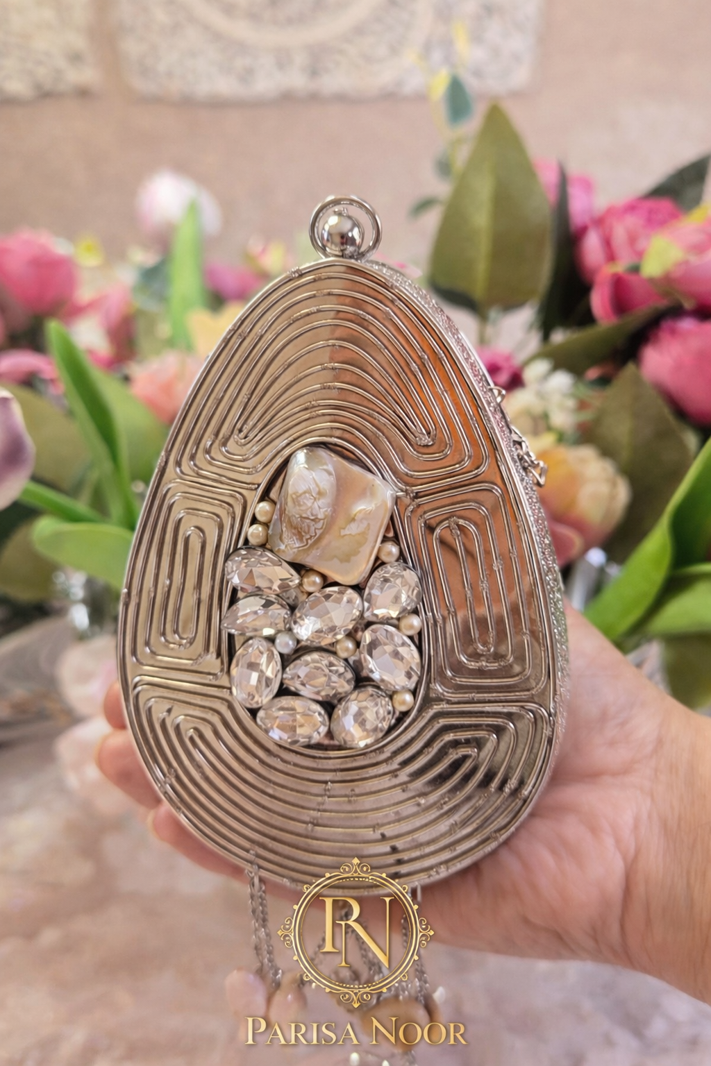 Irina Brass mini Mother of Pearl Clutch Oval Silver