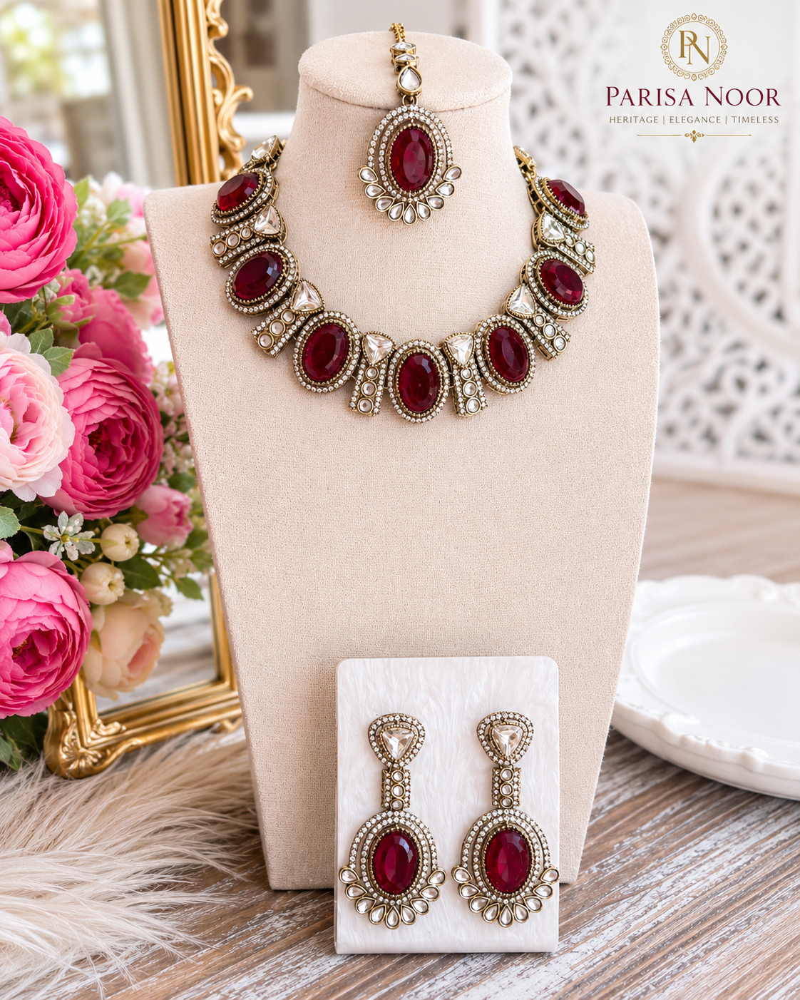 Rumena Garnet Polki Kundan Necklace Set
