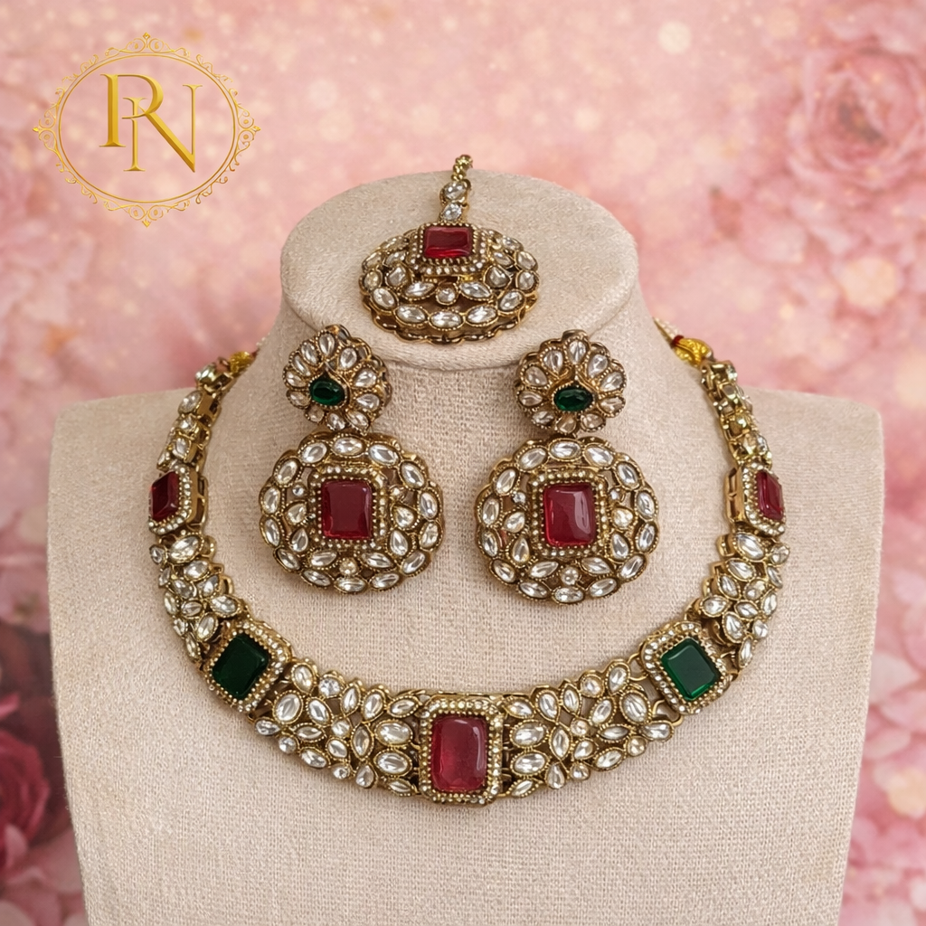 Zaina Kundan Necklace Set in Green  and Pink Ruby