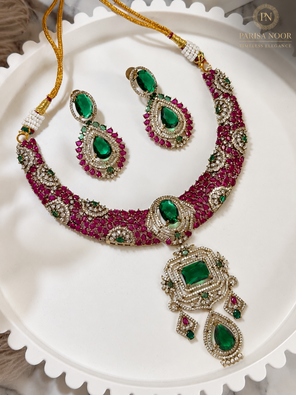 Fariha Premium Designer Victorian AD Moissanite Necklace Set