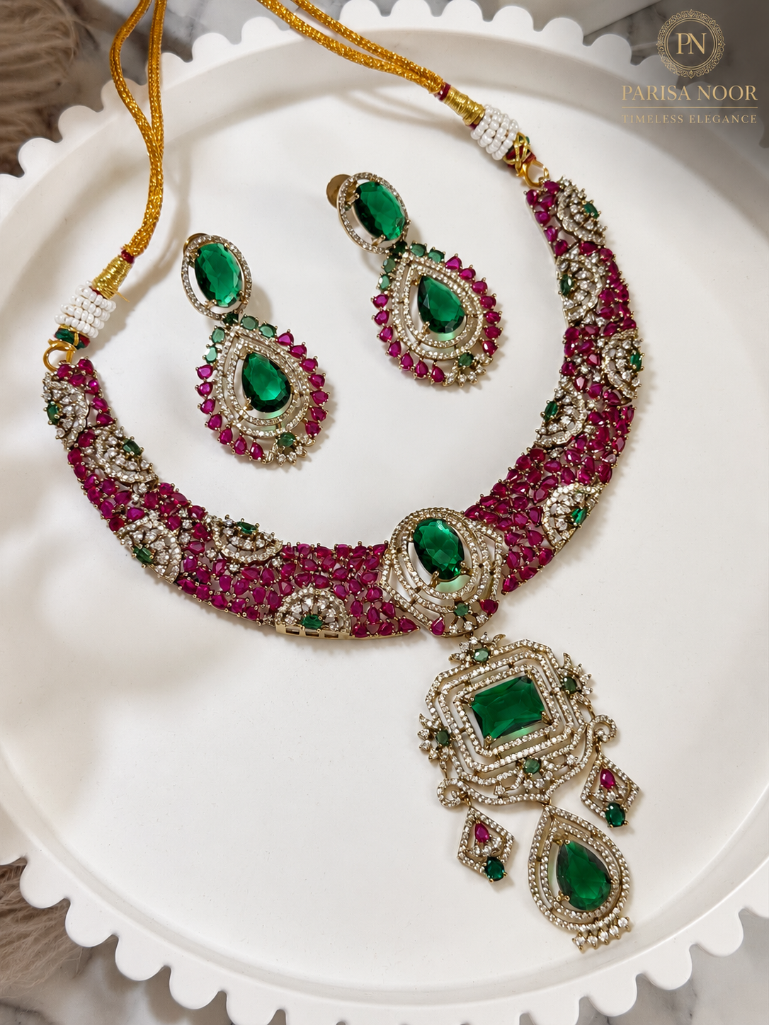 Fariha Premium Designer Victorian AD Moissanite Necklace Set