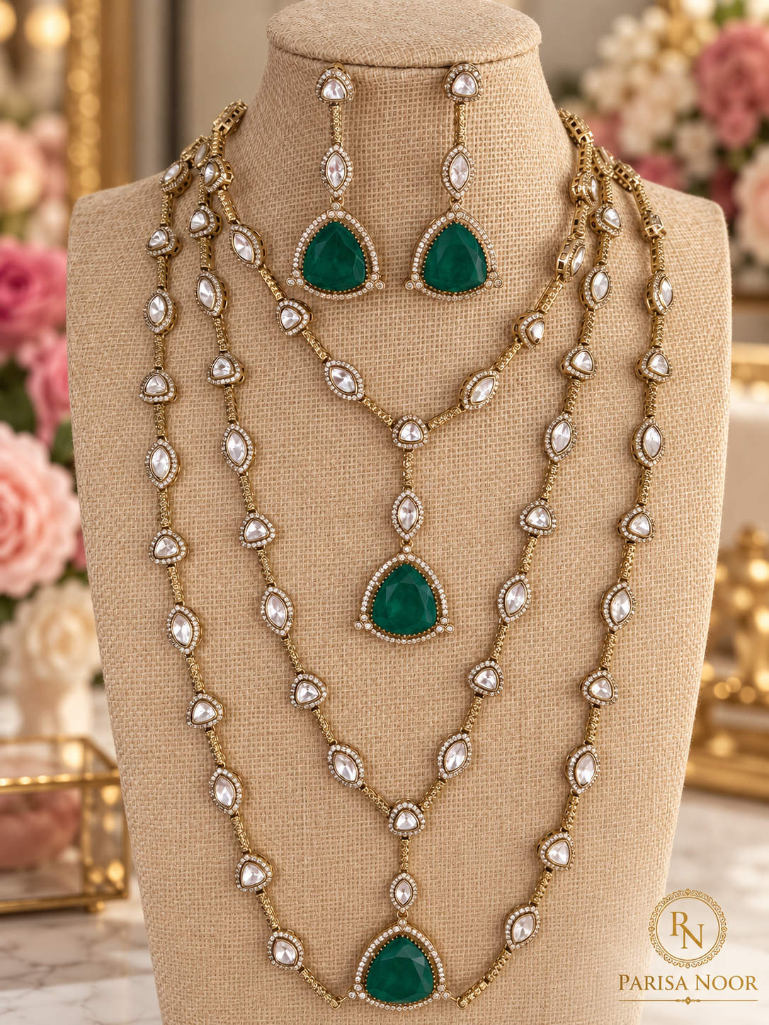 Samyukta Rajrani Emerald Layered Long Necklace Set