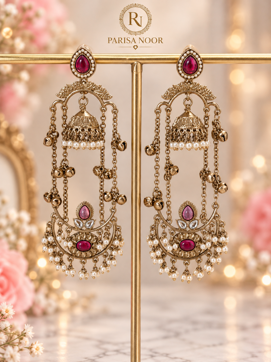 Mahrika Ruby Pink Champagne Ghungru Earrings