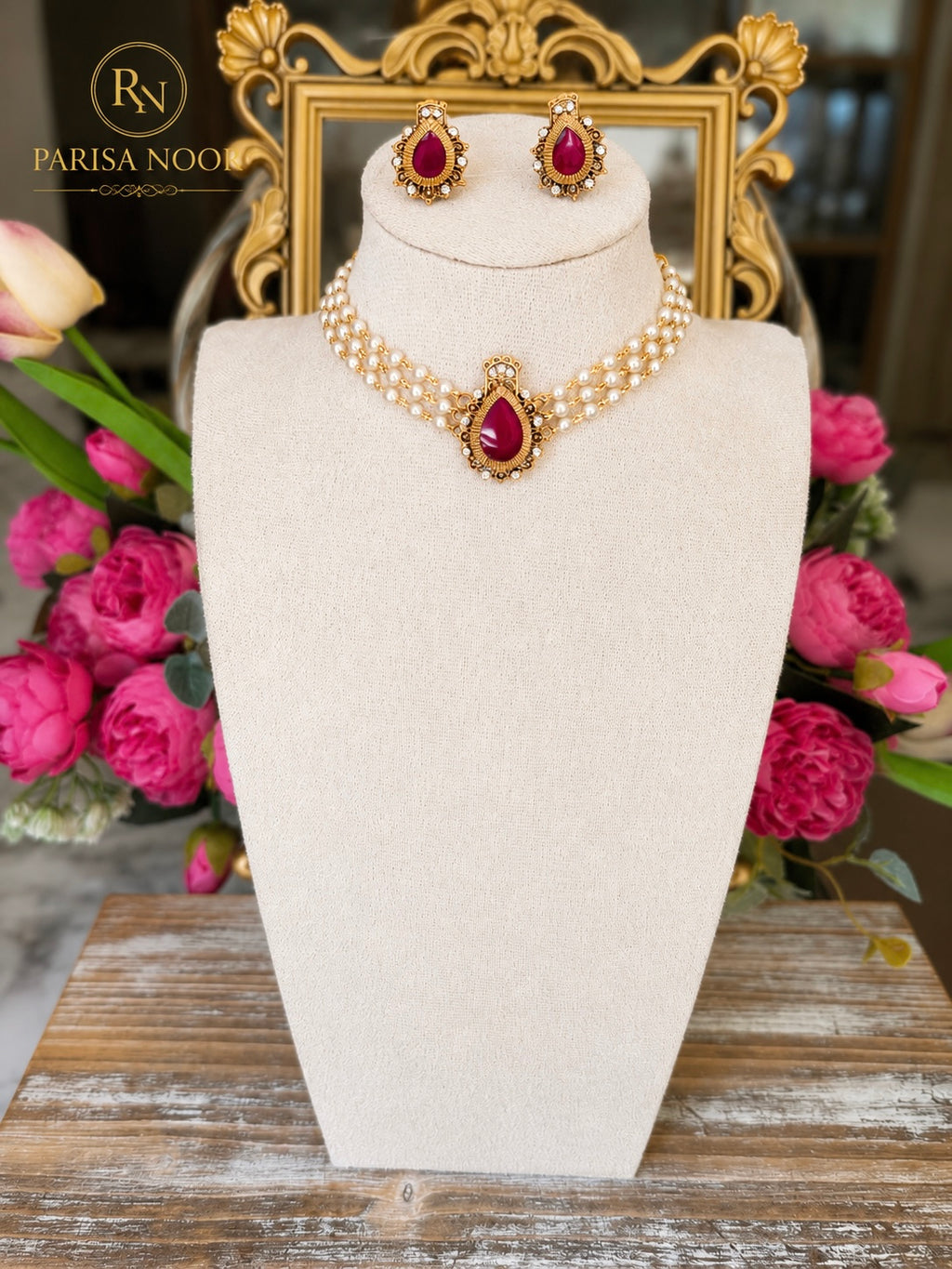 Charu Dainty Pearl Ruby Pink Choker Set