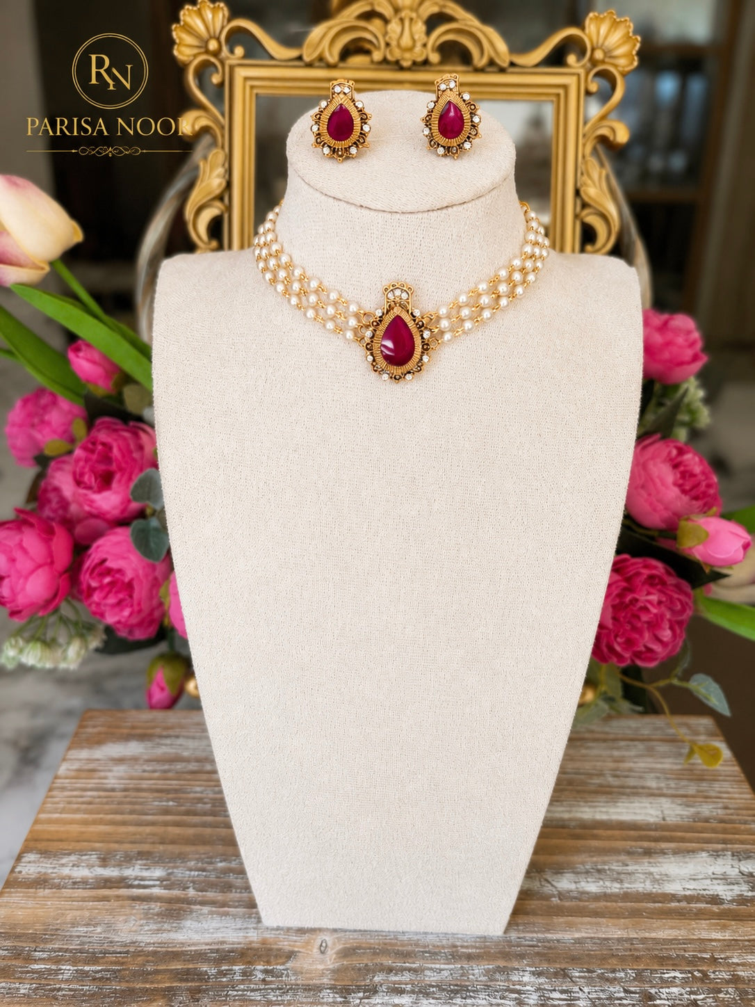 Charu Dainty Pearl Ruby Pink Choker Set