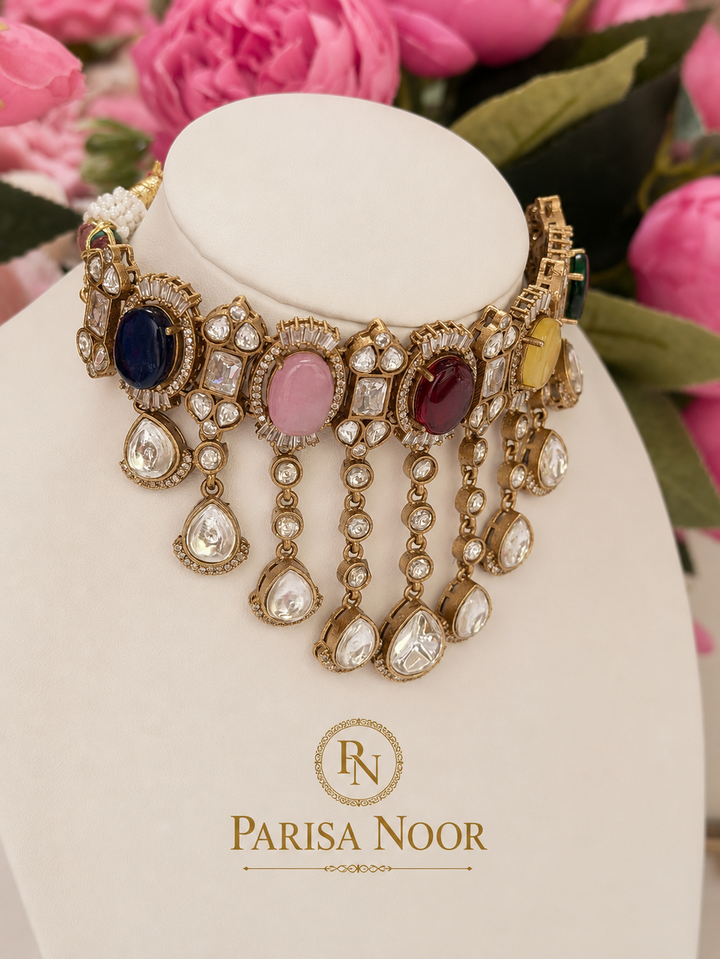 Zareefa Multicolour Waterfall Kundan Necklace Set