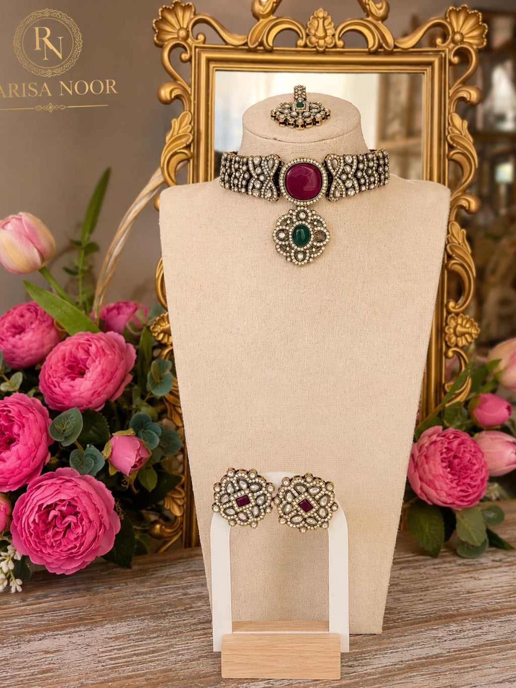Ramesha Designer Kundan Choker Set - Red & Green