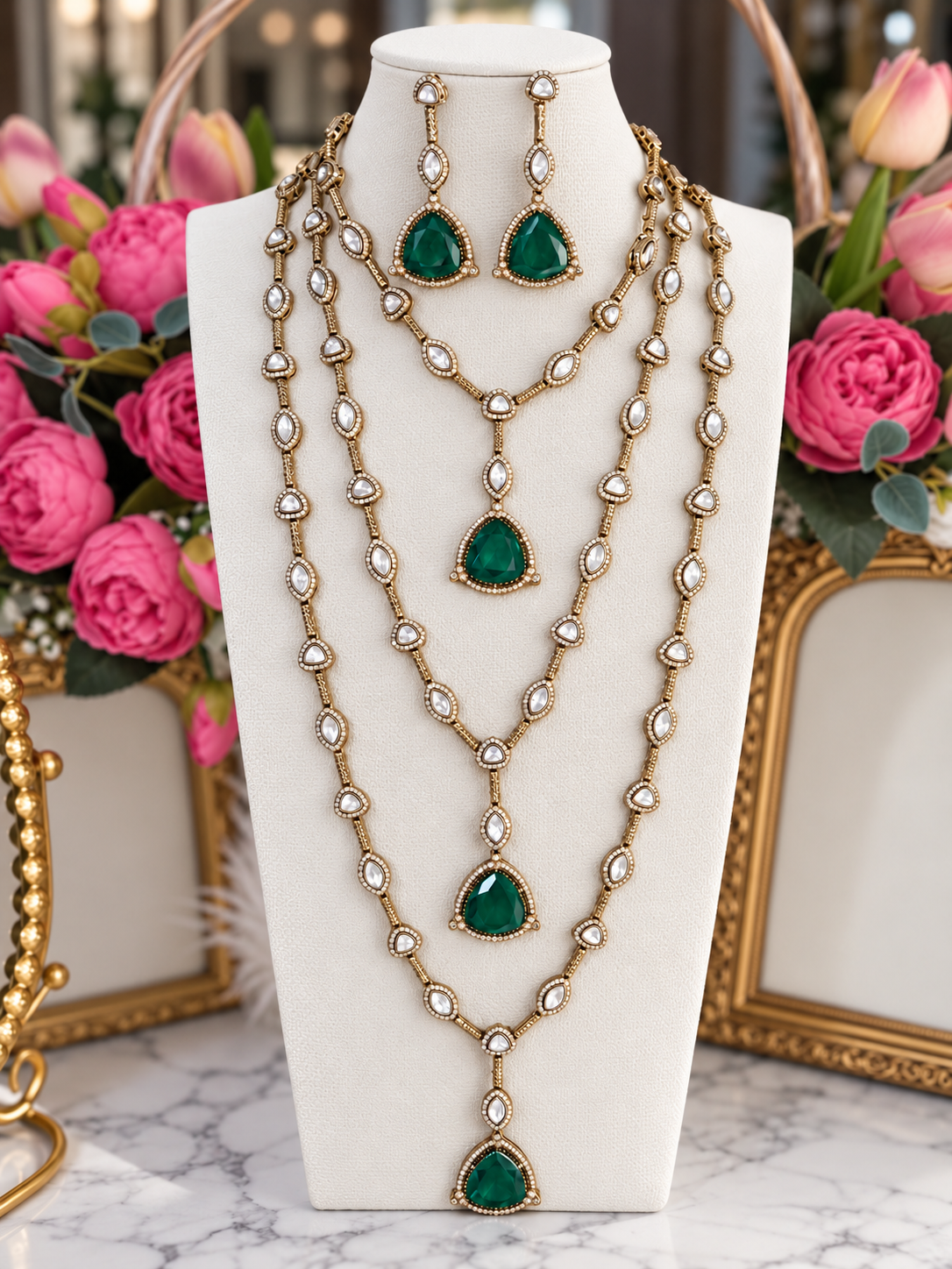 Samyukta Rajrani Emerald Layered Long Necklace Set