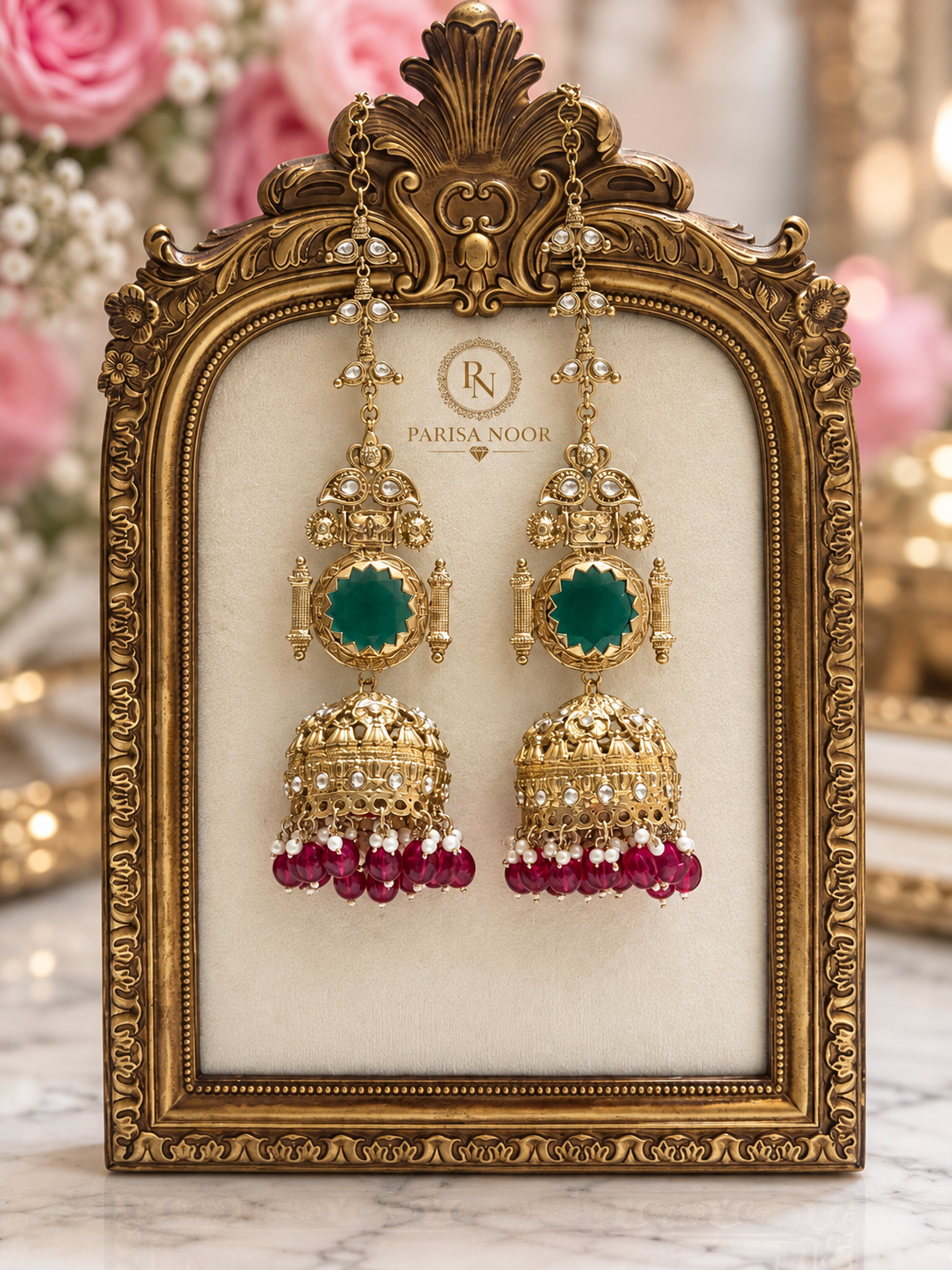 Pravisha Emerald & Ruby Premium Jhumka Earrings with Kaan Chain