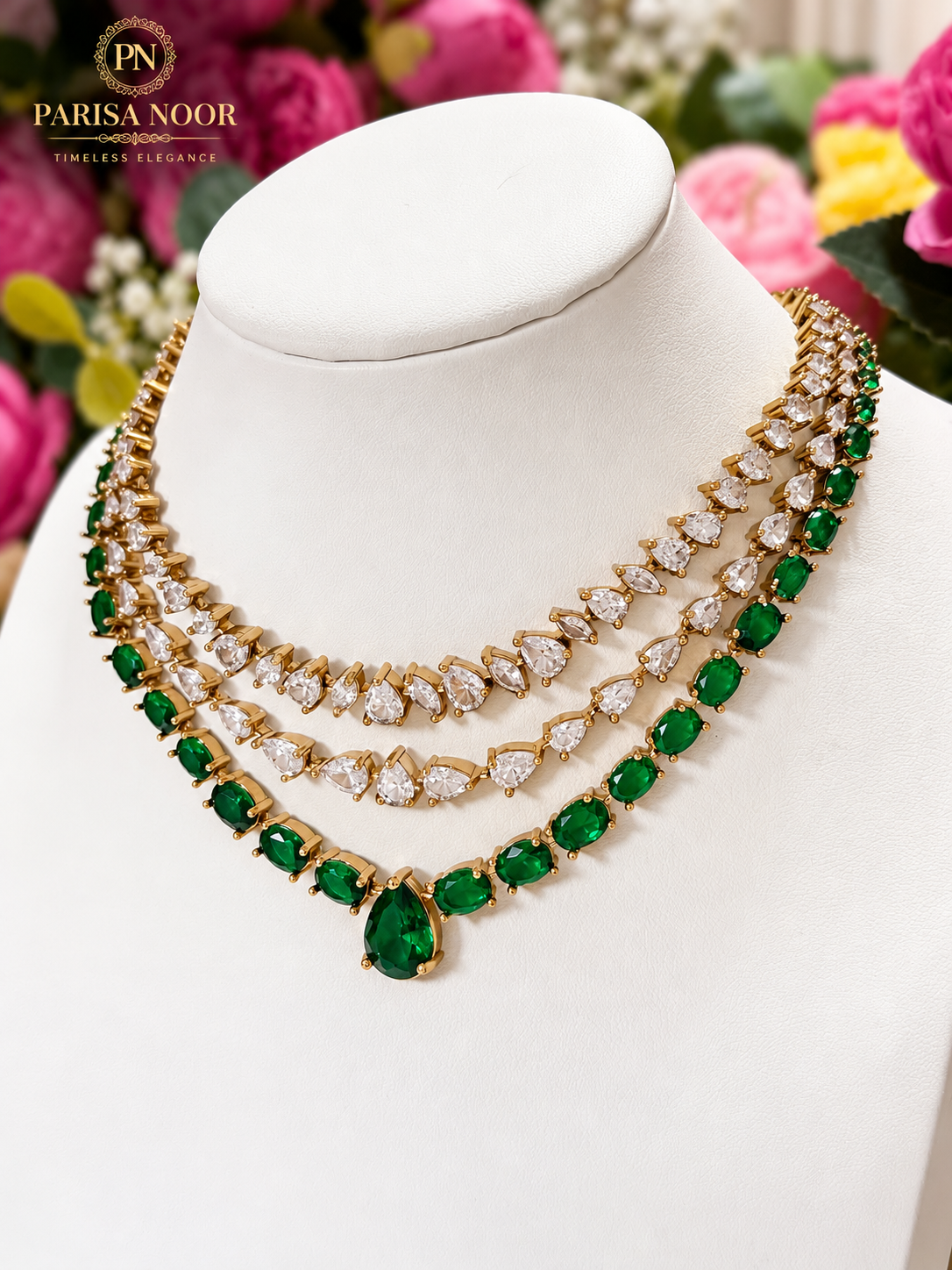 Avelora Layered Emerald Victorian AD Necklace Set
