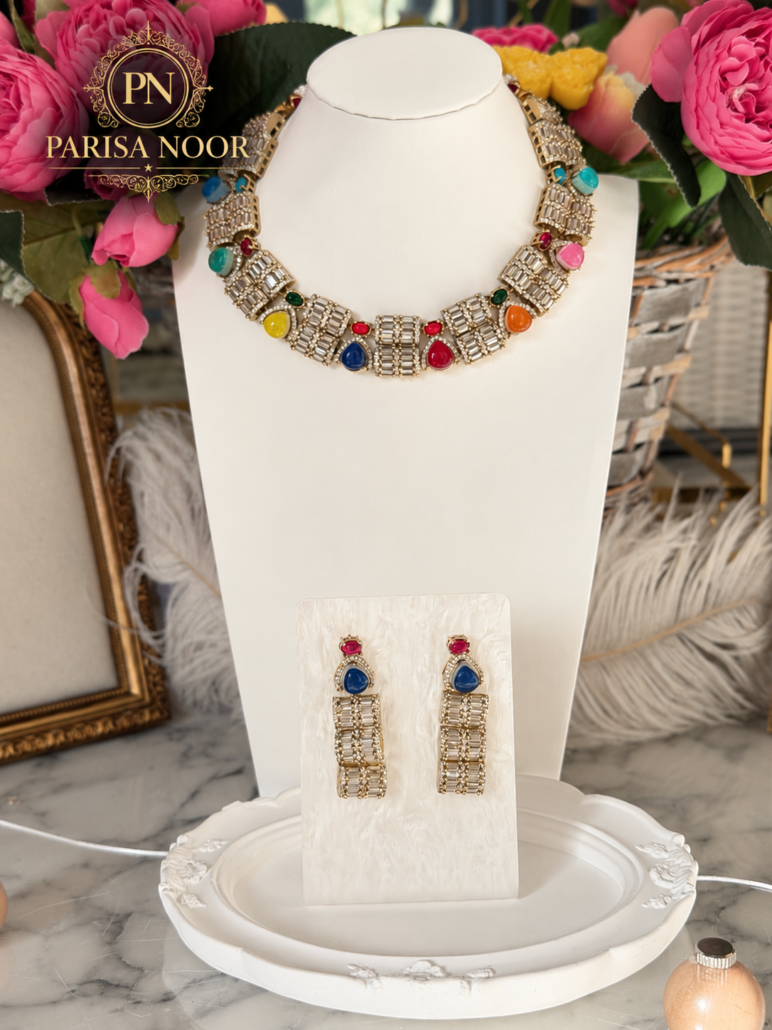 Cavira Multicolour Double-Setting Designer Necklace Set