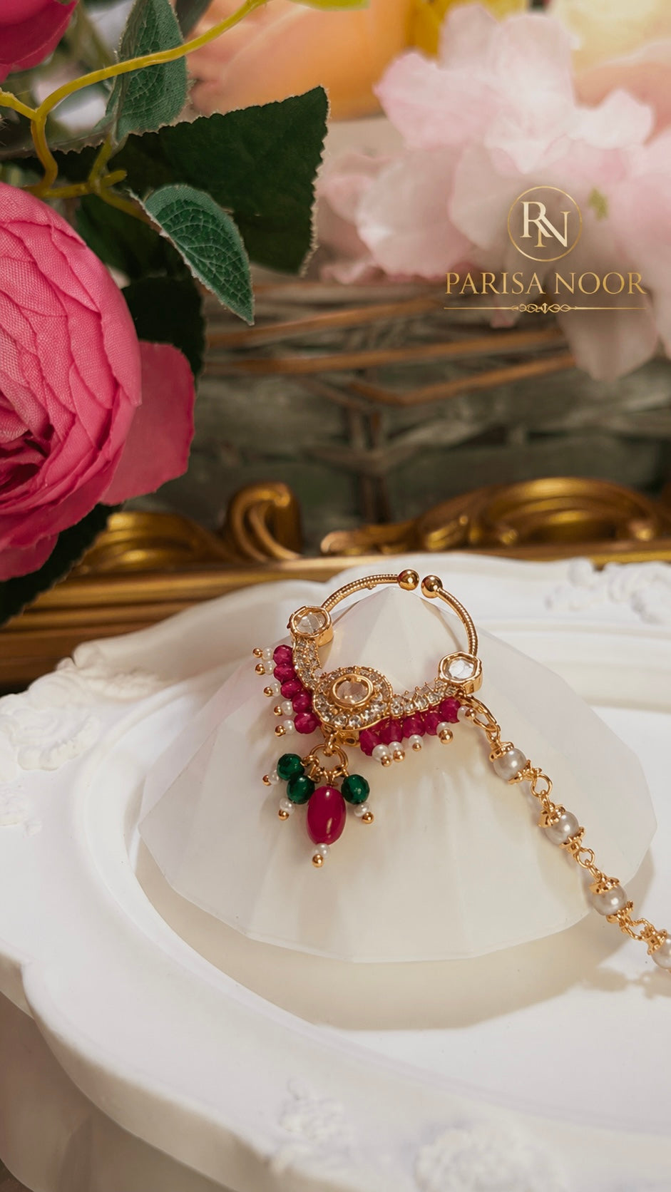 Saakhi Moissanite Nose Ring with Pearl Chain