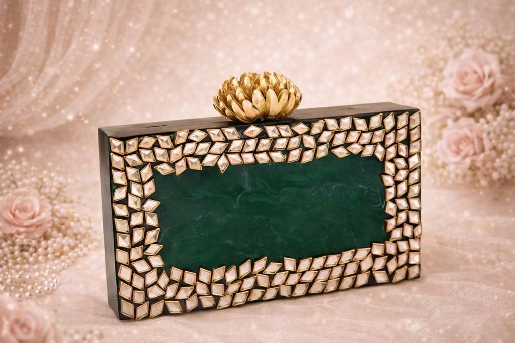Zara Kundan Green Resin clutch with Pearl Handle