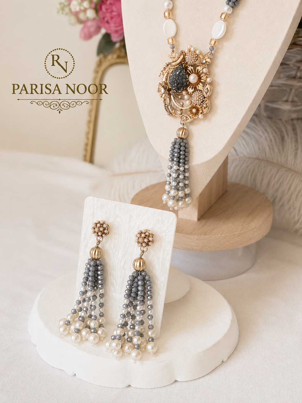 Lalezar Grey & Gold Turkish Tassel Necklace Set