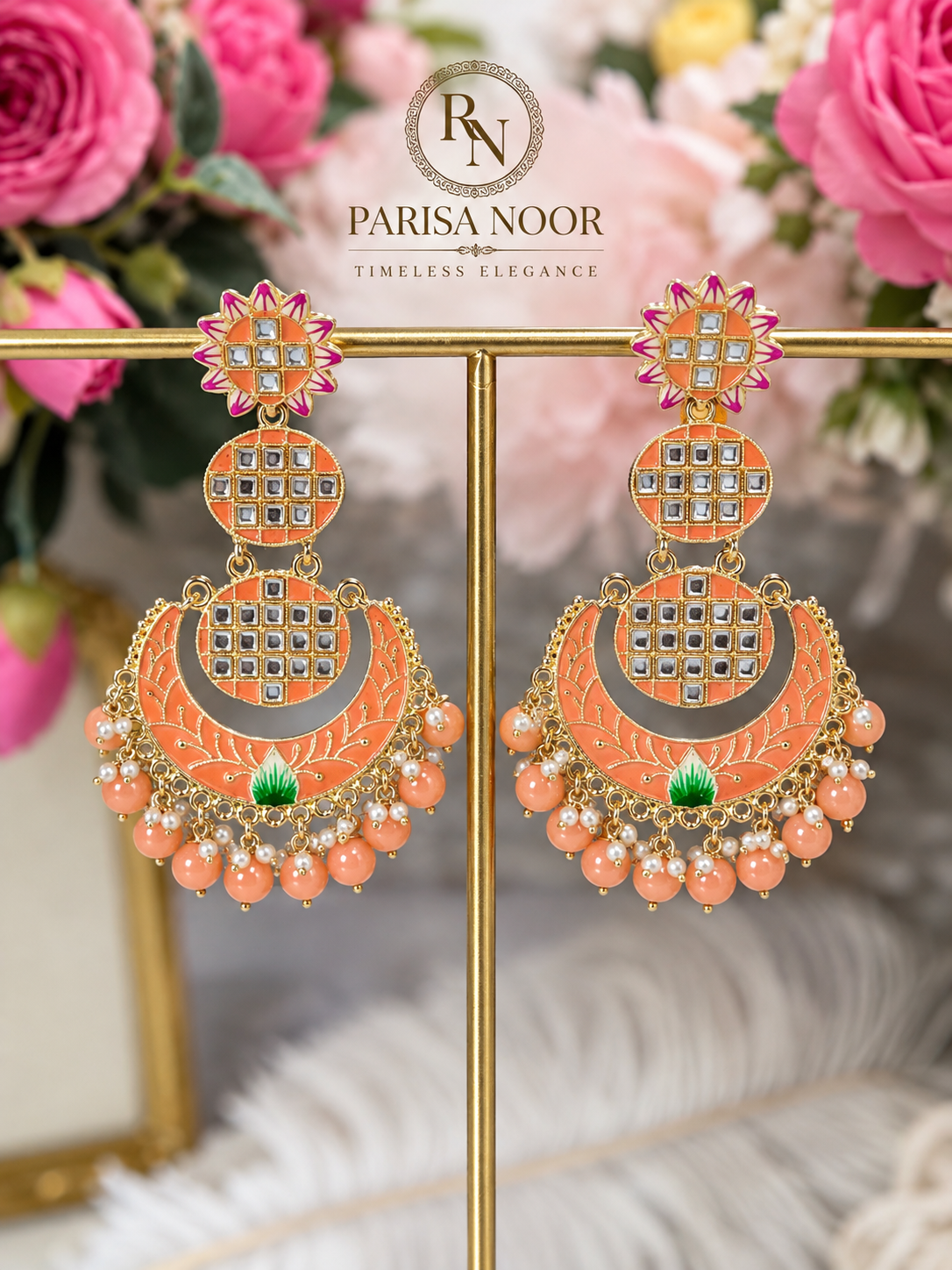 Aarohi Peach Meenakari Statement Earrings