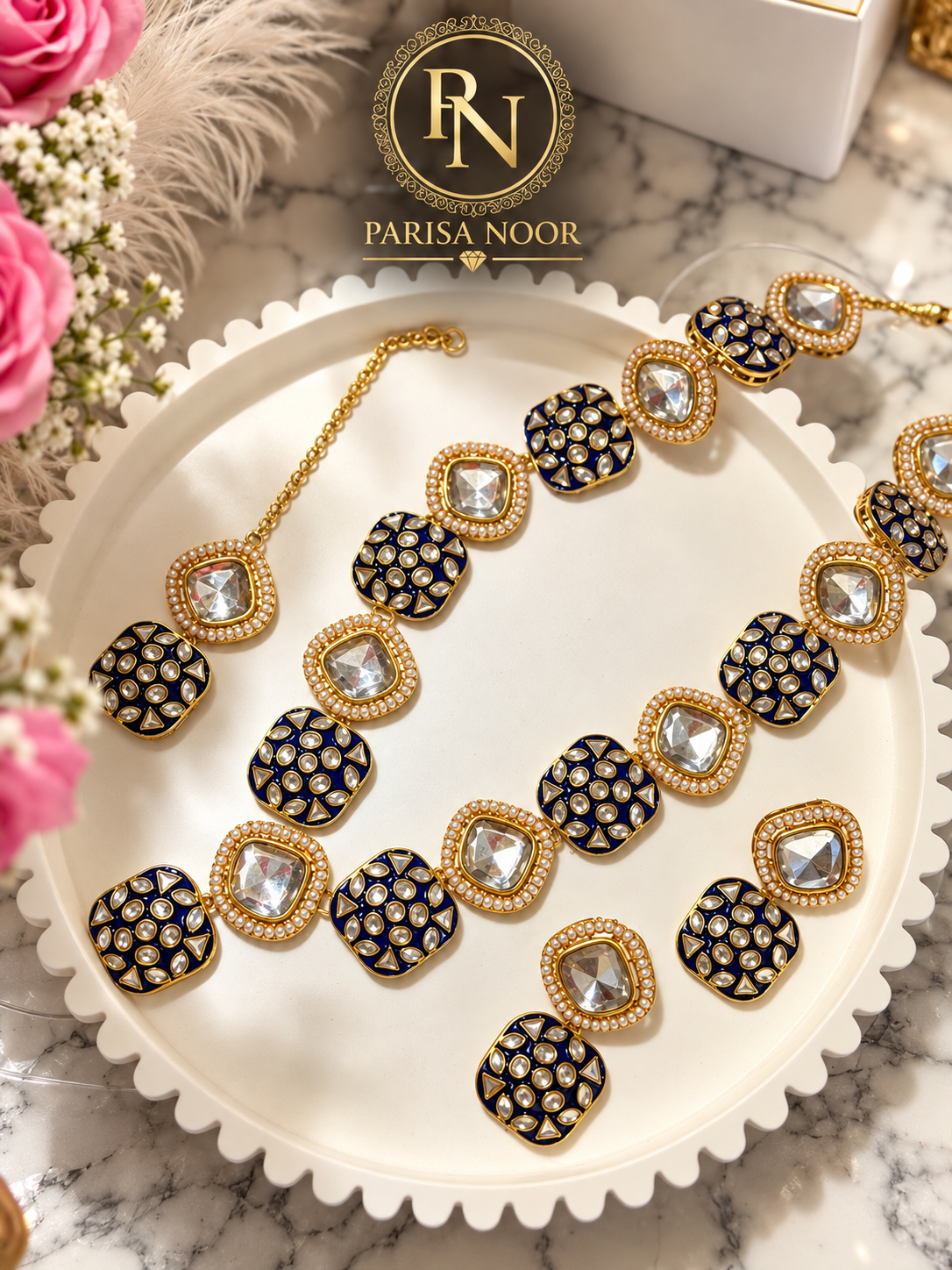 Ruhsana Royal Blue Meenakari Kundan Long Necklace Set