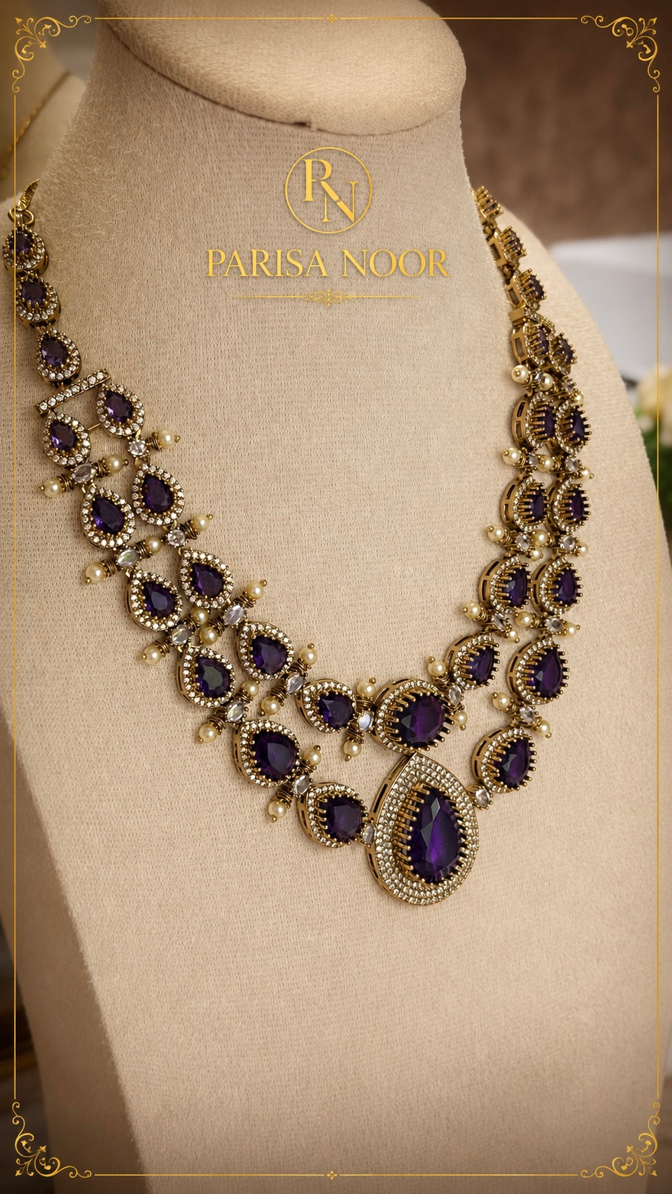 Leena Amethyst Victorian AD Double Layer Necklace Set