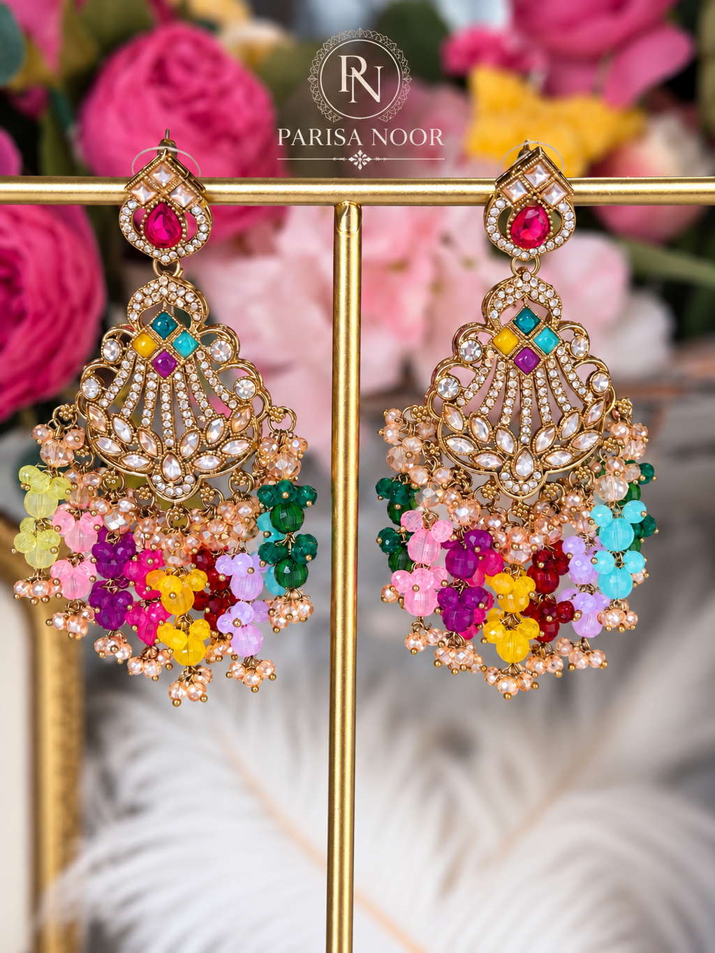 Zavelle Multicolour Kundan Beaded Chandbali Earrings
