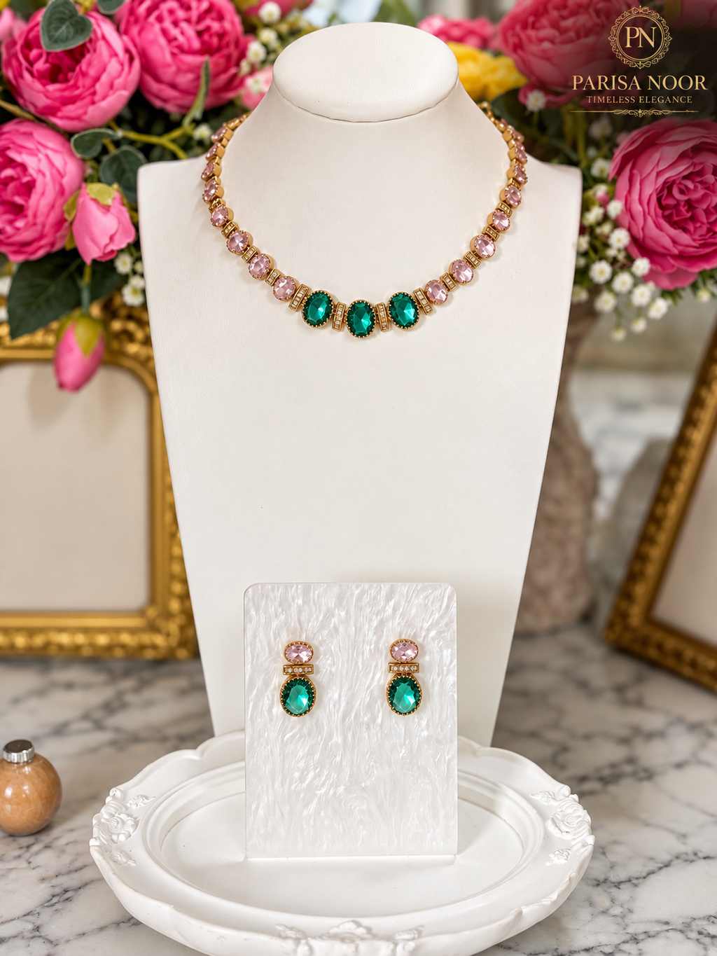 Liora Pink & Emerald Victorian AD Necklace Set