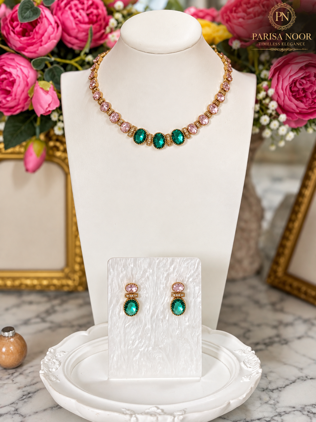 Liora Pink & Emerald Victorian AD Necklace Set
