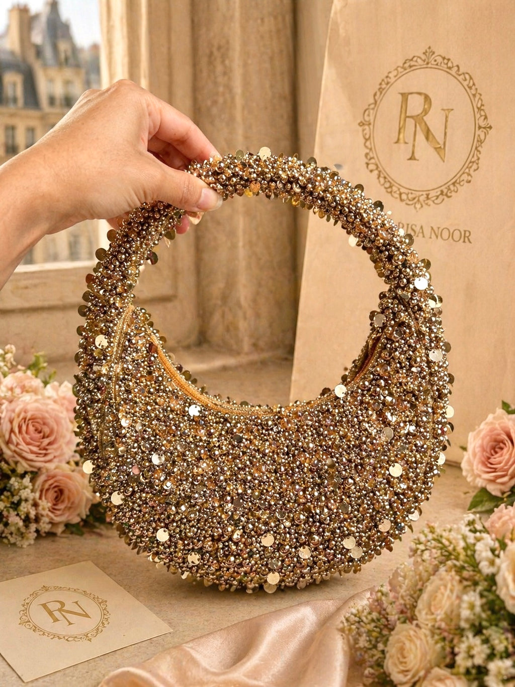 Noor Crescent Luxe Pearl Crystal Bag