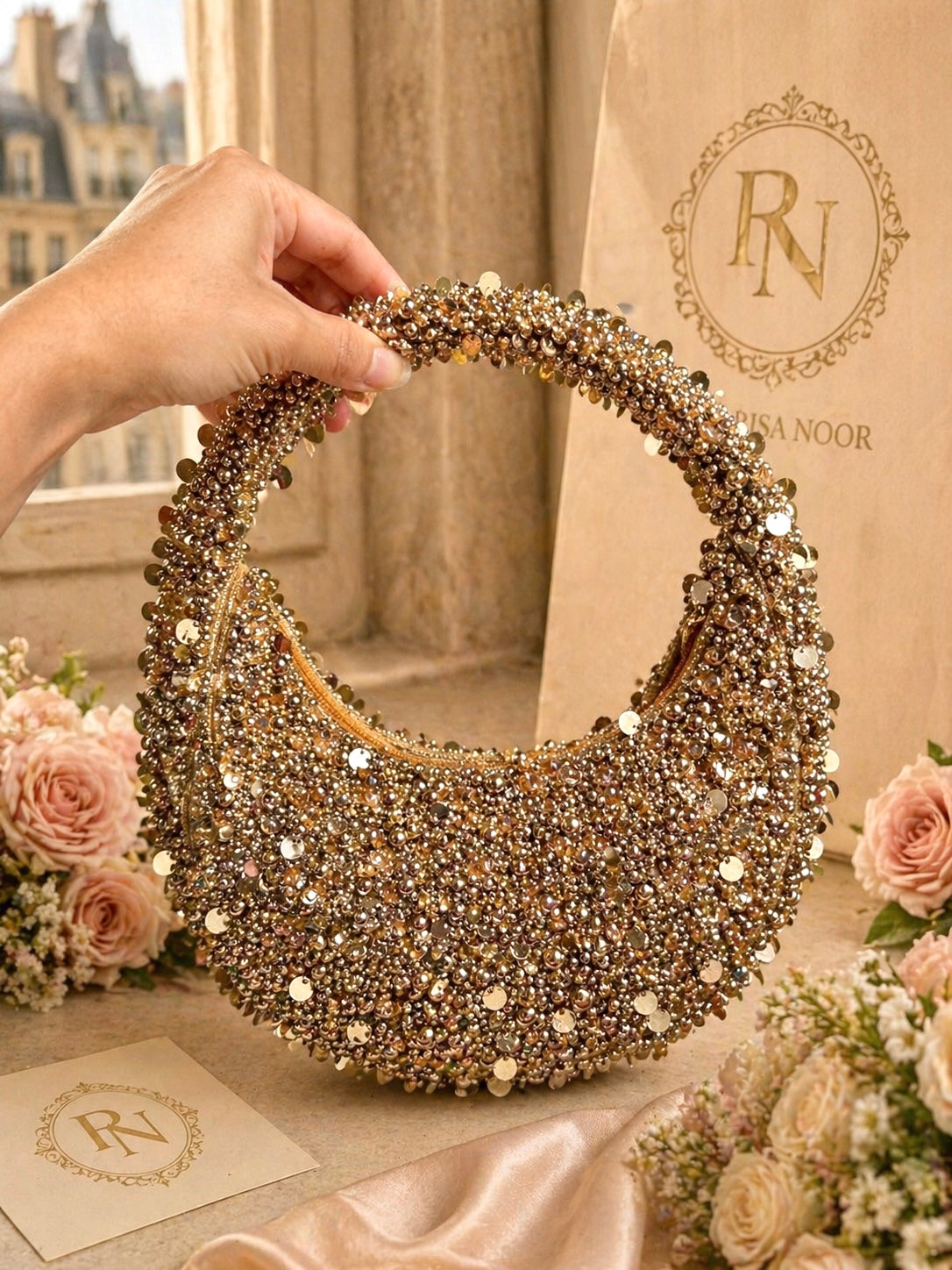 Noor Crescent Luxe Pearl Crystal Bag
