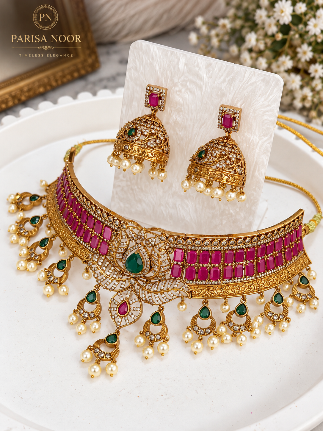 Ariella Luxury Heritage AD Choker Set Ruby Pink