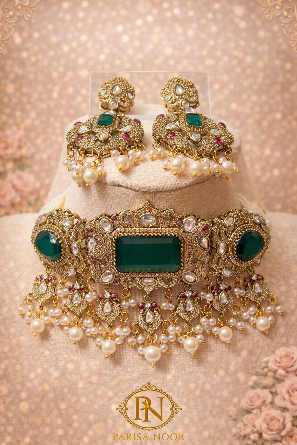 Hayat Victorian Choker Necklace Set -Emerald Green
