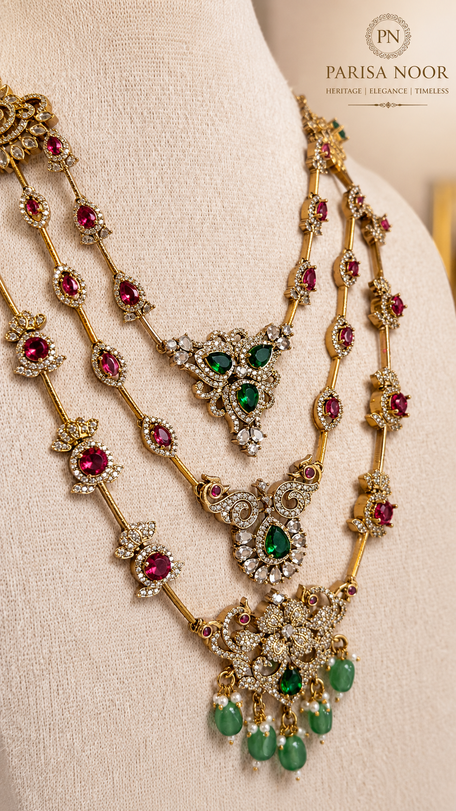 Qaynat Victorian Three Layer Semi Long Necklace Set