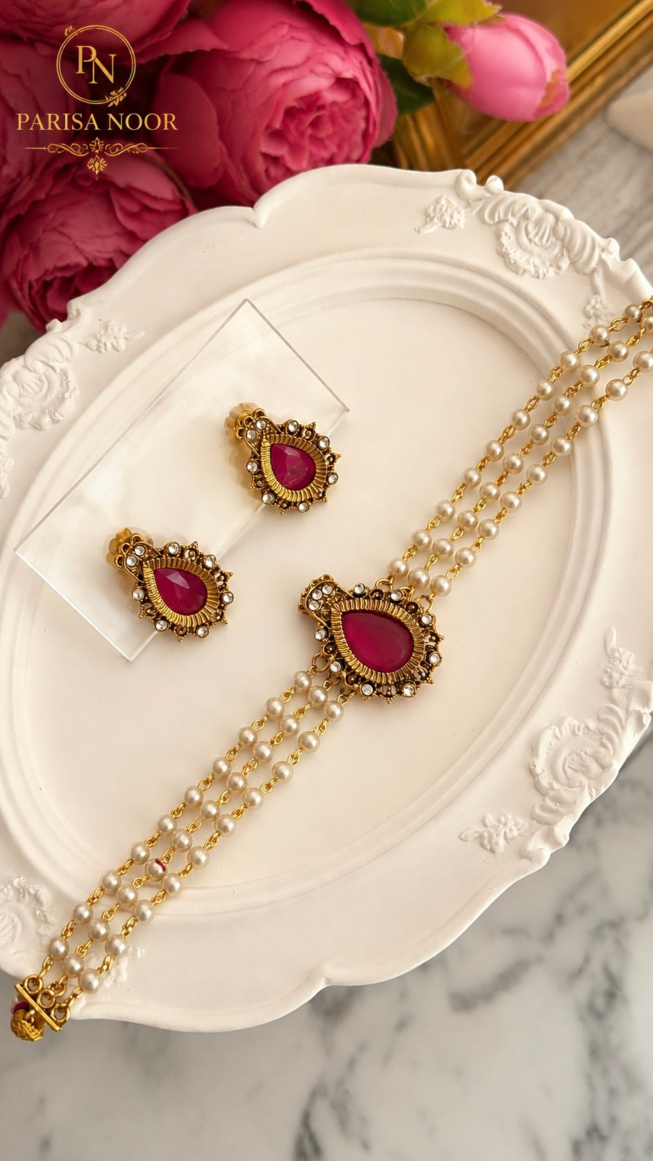 Charu Dainty Pearl Ruby Pink Choker Set