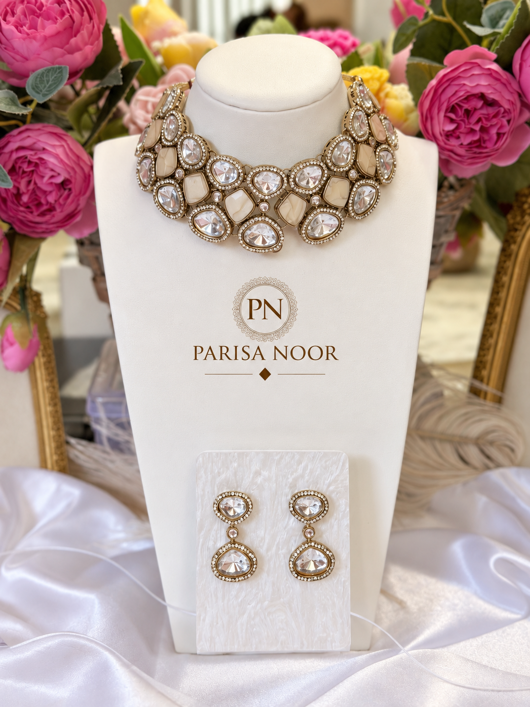 Avelina Ivory Pearl Polki Necklace Set – Clearance Sale