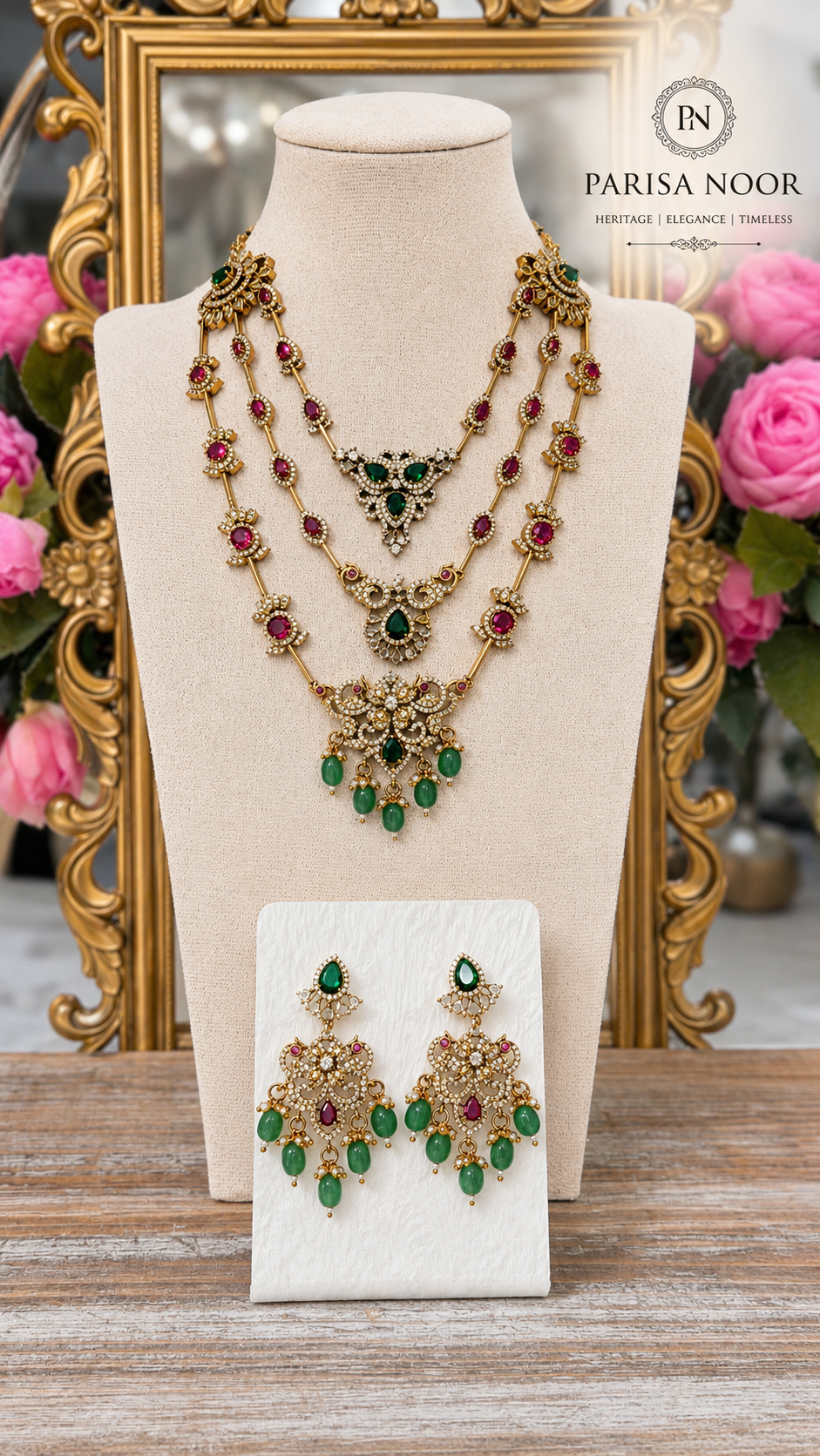 Qaynat Victorian Three Layer Semi Long Necklace Set
