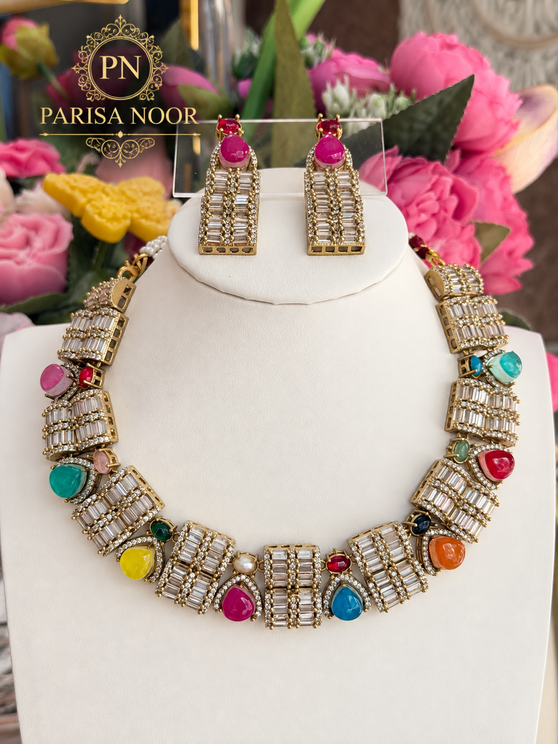 Cavira Multicolour Double-Setting Designer Necklace Set