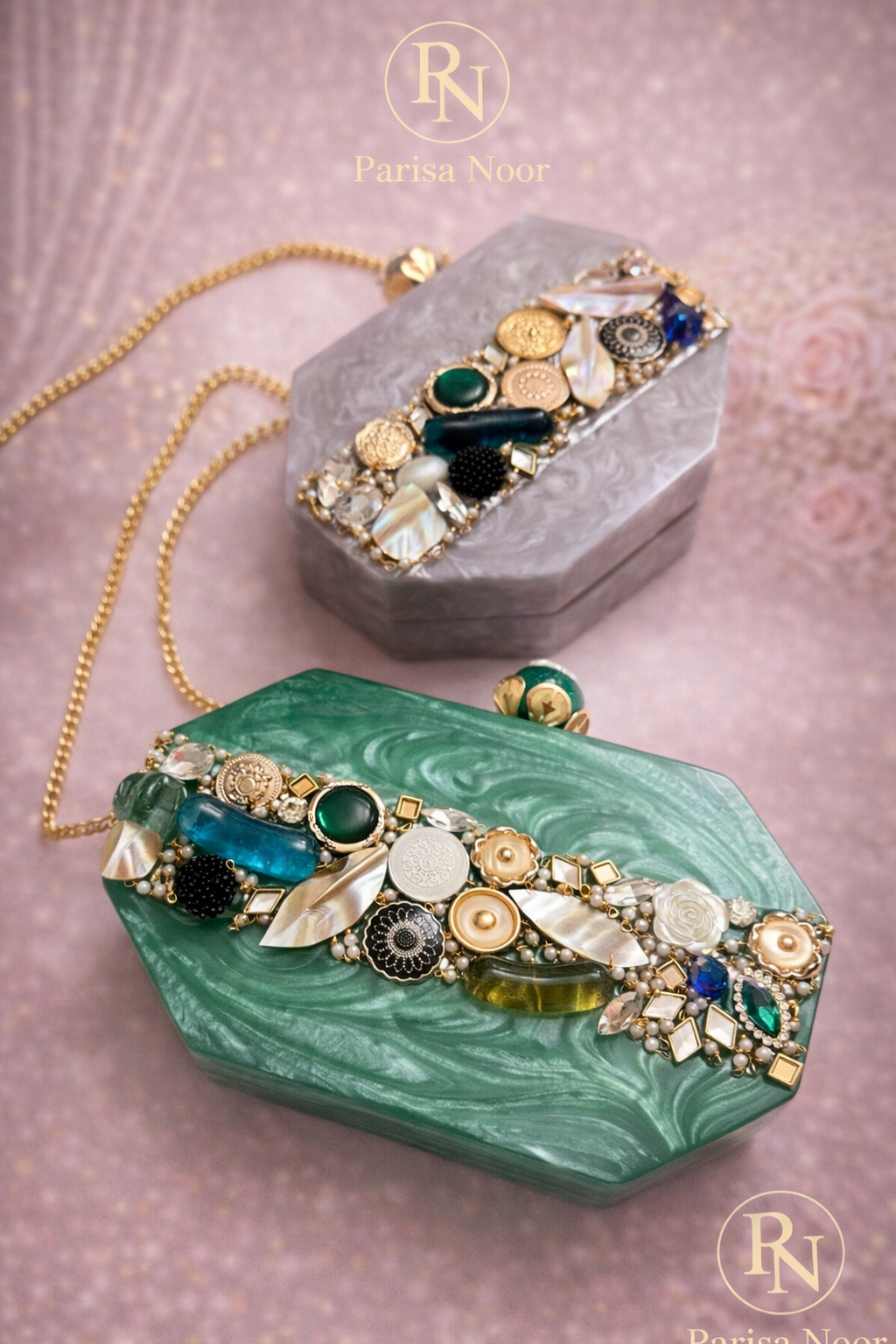 Sabila Embellished Resin Clutch Green