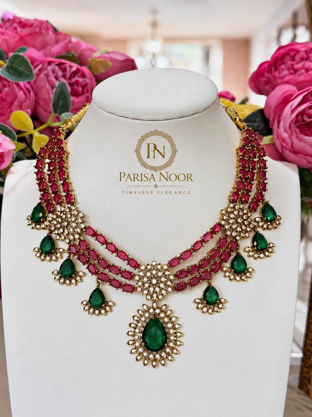 Zarisha Ruby Pink Emerald Designer Necklace Set