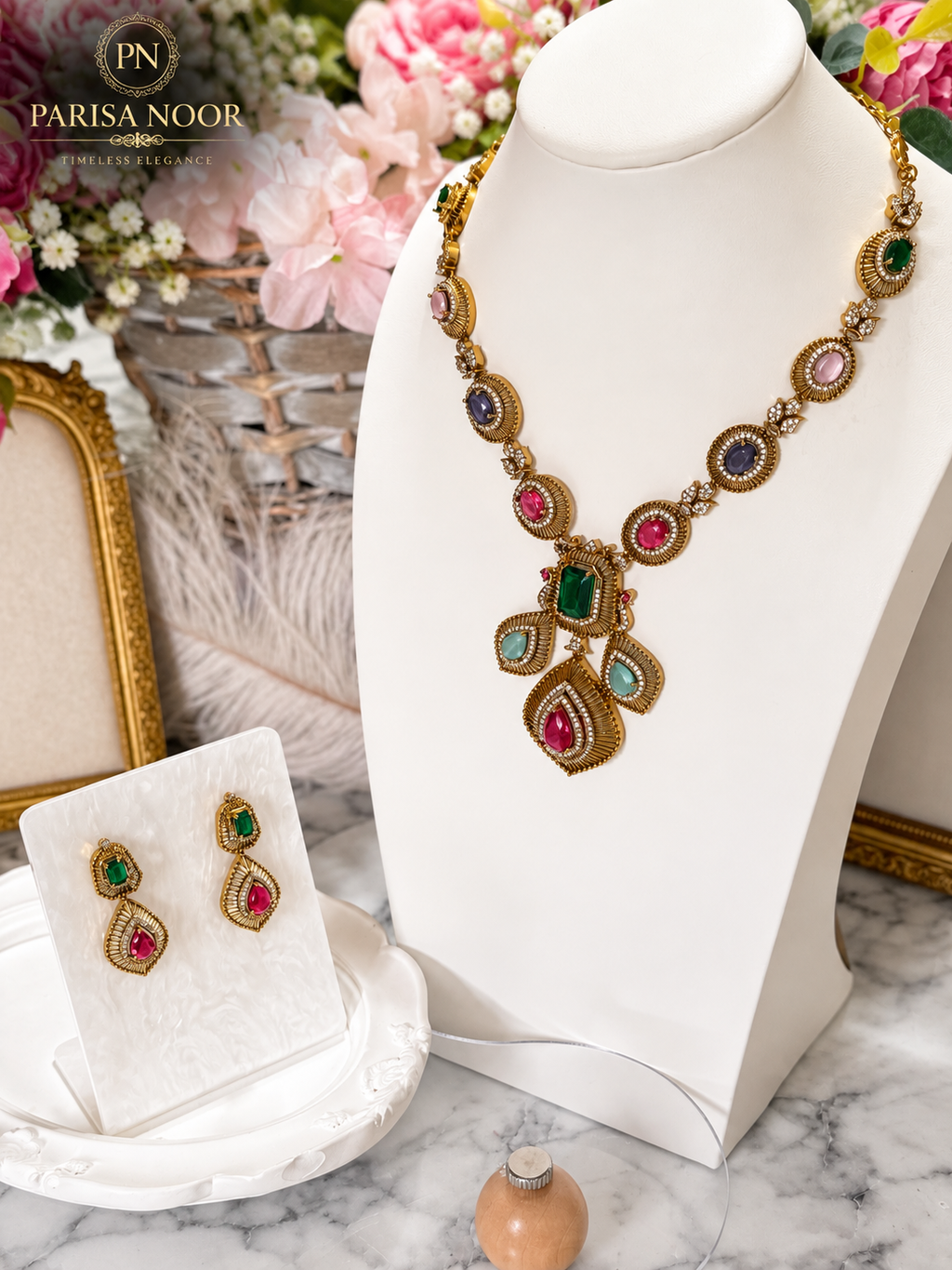 Kashira Multicolour Semi-Long Heritage AD Necklace Set