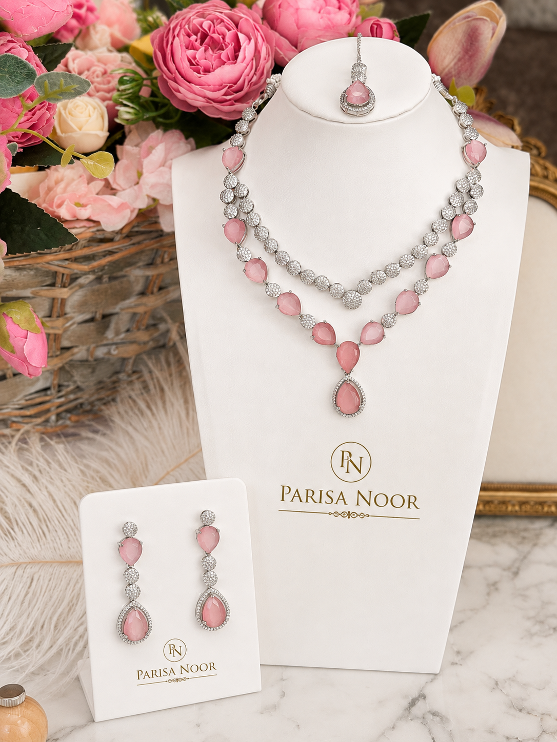 Aarini Luxury Pink AD Necklace Set