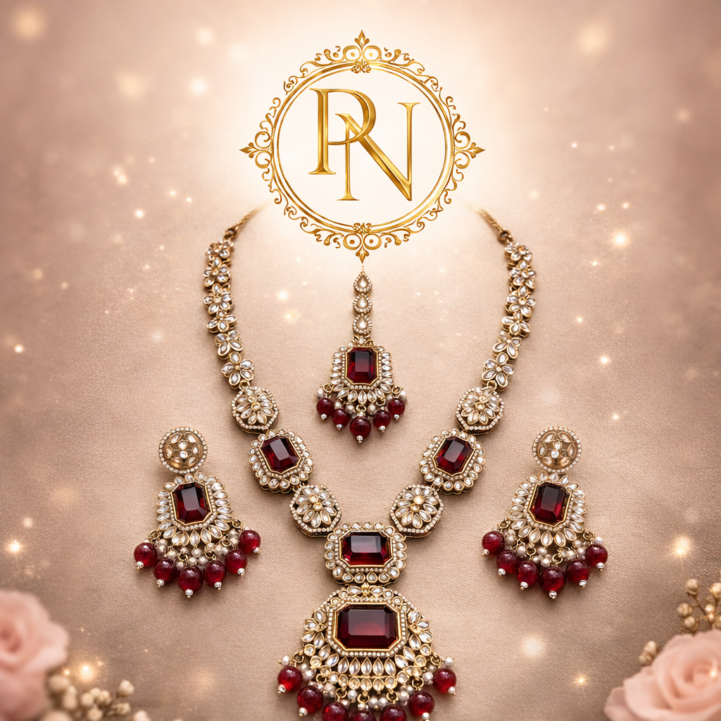 Shalimar Red Premium Polki Long Necklace with Earring and Teeka